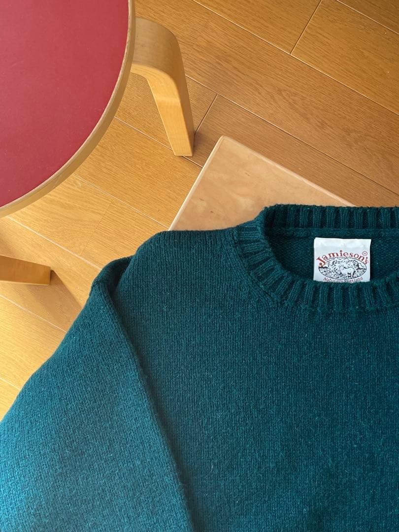 Jamieson's グリーン クルーネック ニットセーター ヘビーウール M