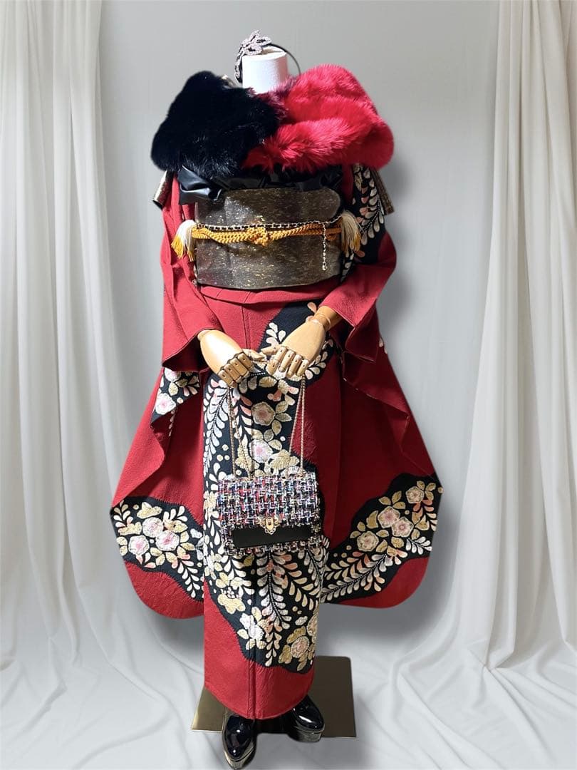 翠山工房 振袖 フルセット 成人式 辻が花 赤黒 落款あり安心セット