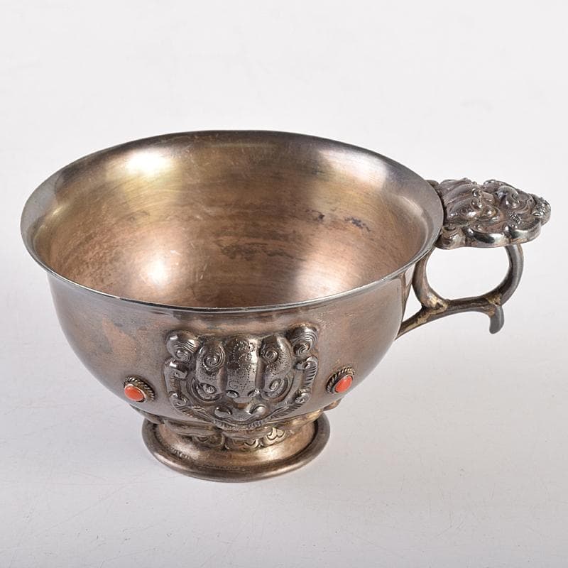 中国　白銅　神獣刻　玉石装飾　取手付杯　約167g　M　R8495
