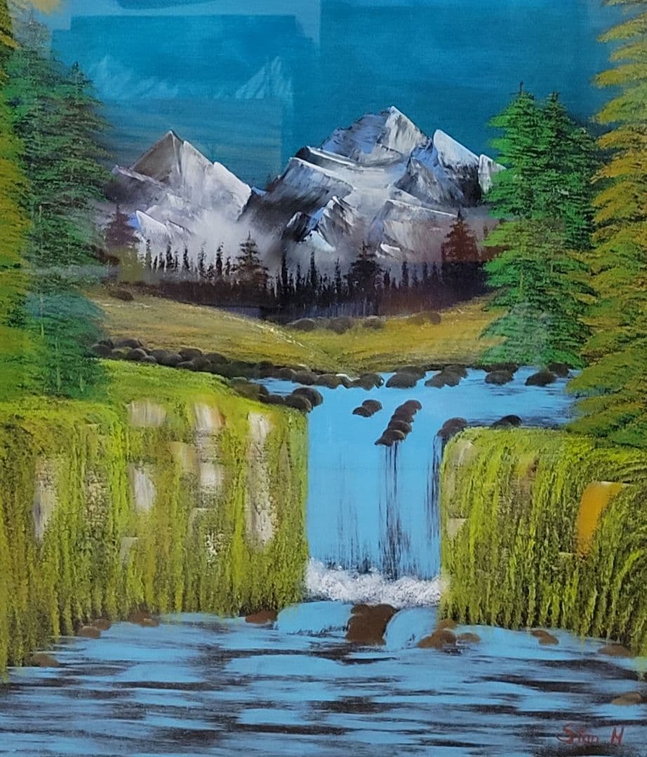 Valley waterfall 風景画  油彩画 額縁 肉筆