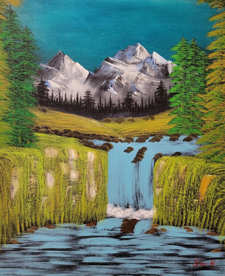 Valley waterfall 風景画  油彩画 額縁 肉筆