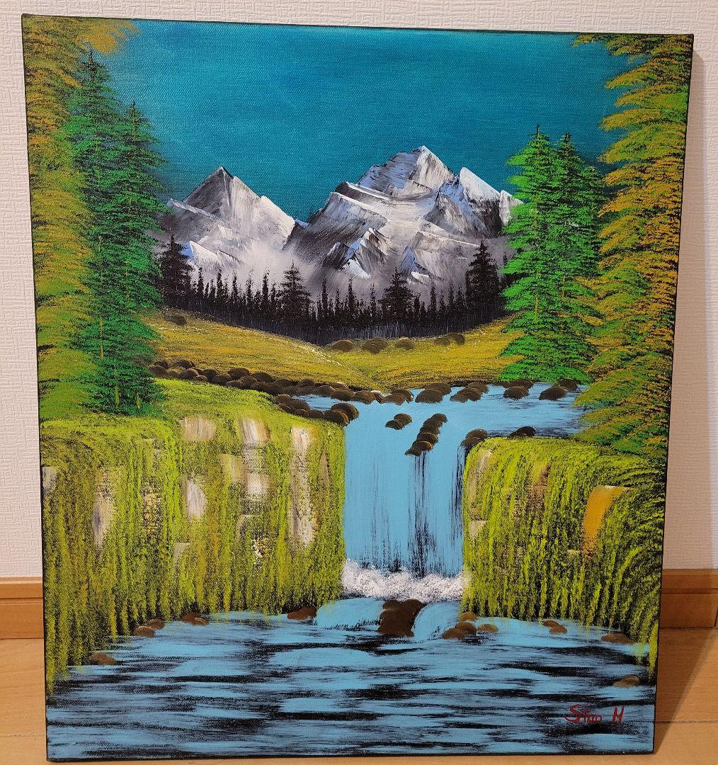 Valley waterfall 風景画  油彩画 額縁 肉筆