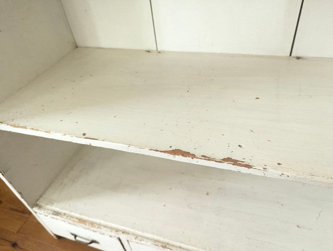 アンティーク　古道具　ホワイト木製3段シェルフ 引き出し付き