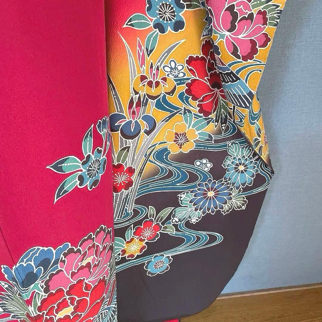 振袖フルセット　高身長　紅型　手描き友禅　成人式振袖　振袖　裄丈71 赤