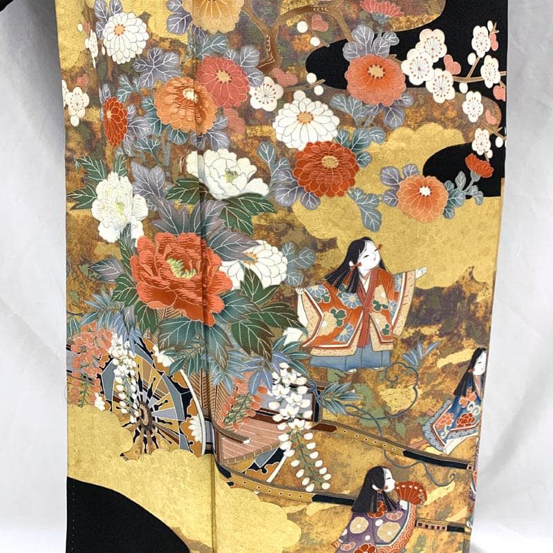 512mo33〇作家物 黒留袖 五つ紋 比翼付き 金彩 花車 童〇状態良好