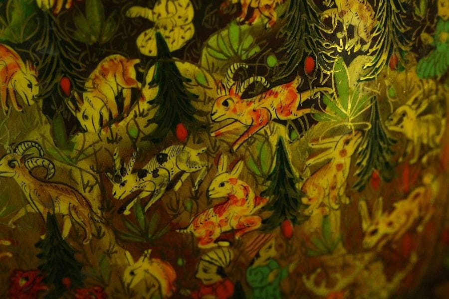 橿原國 細密狩猟更紗紋 変円形 鉢 手描き彩色 作家物 共箱(K-A755)