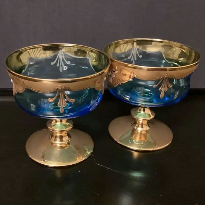 ベネチアングラス　金色とブルーのエレガントなデザインの手描き花柄グラス③④