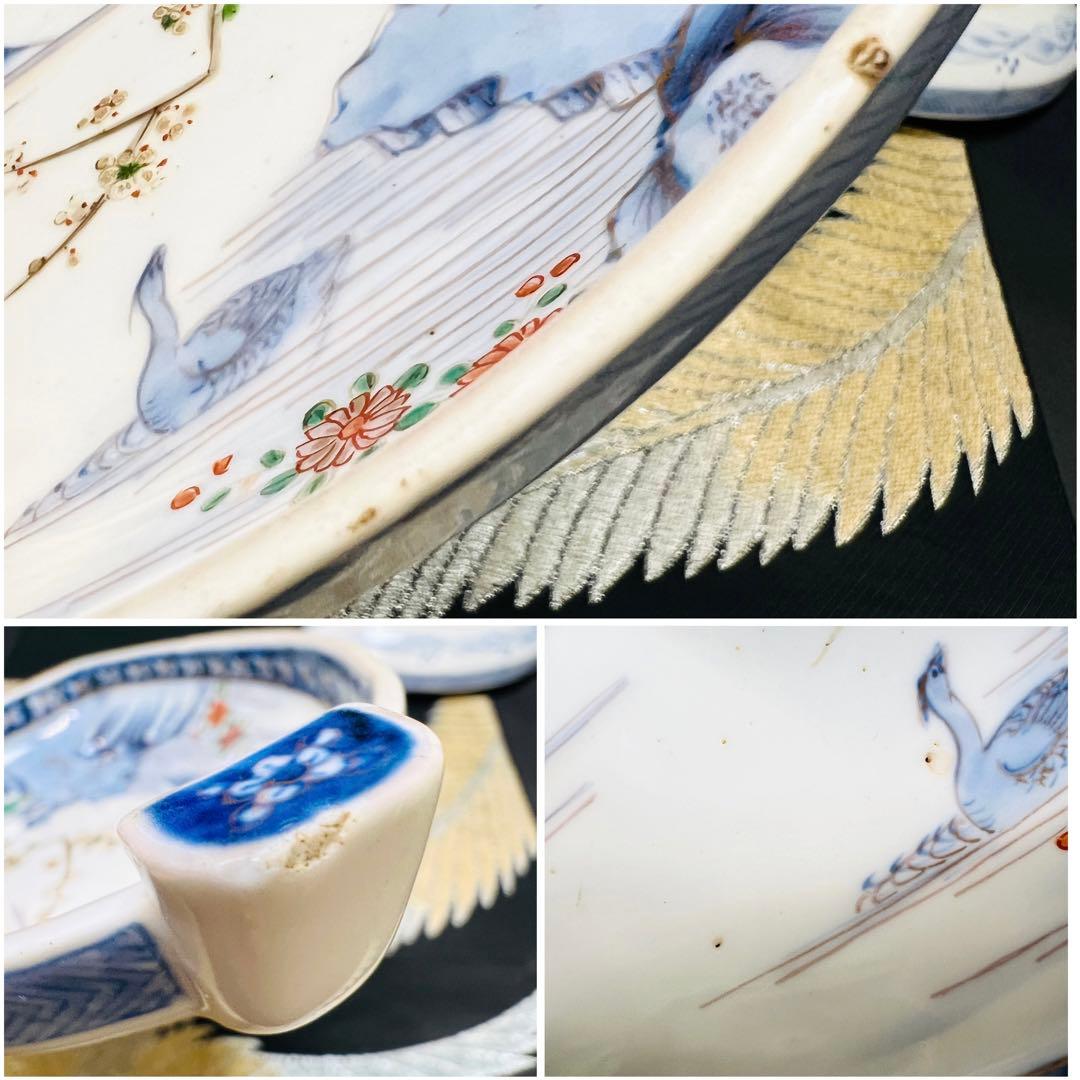 希少品　有田焼　古伊万里　染錦手　献上手川に鴛鴦花絵皿　宝舟型皿　5枚　明治江戸