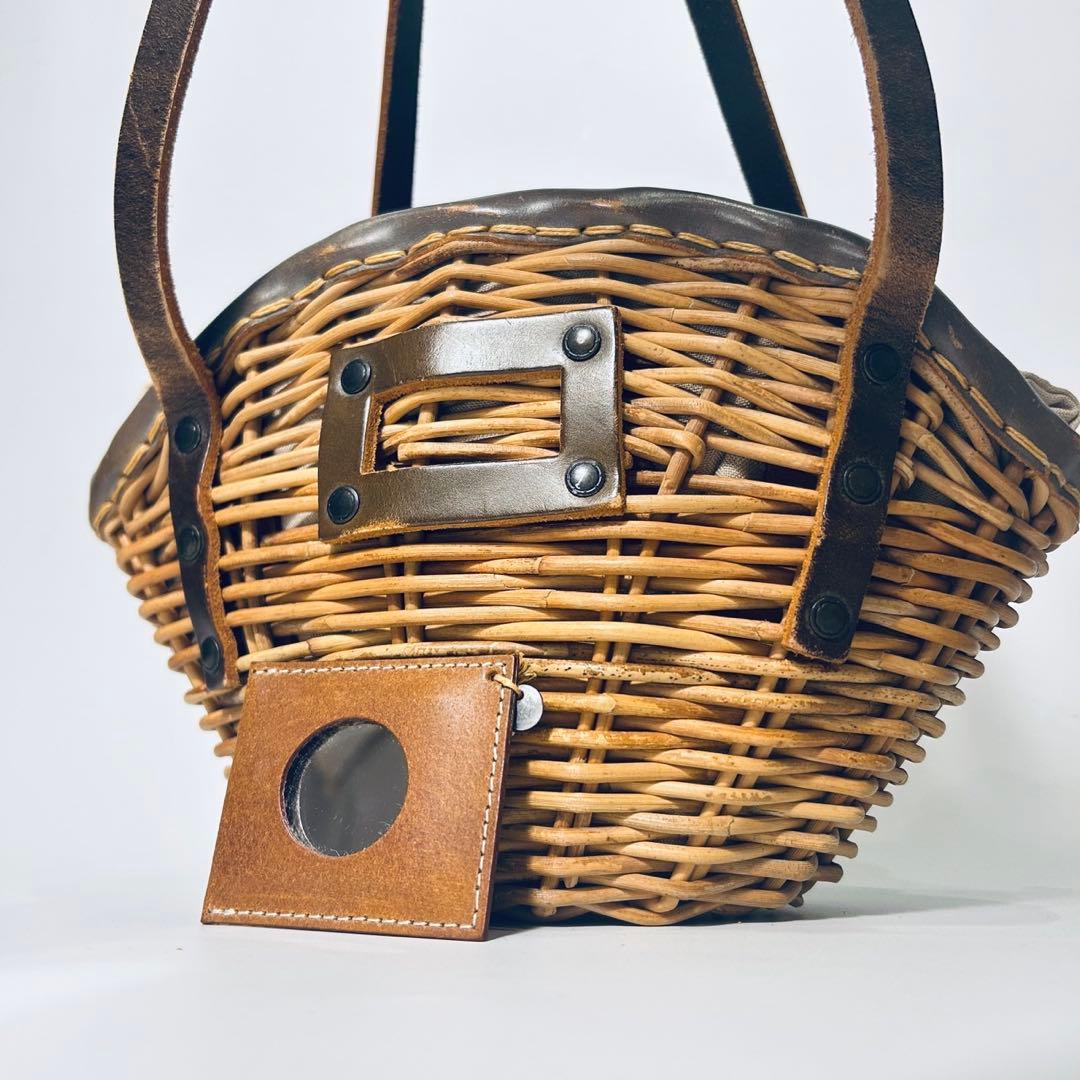 【美品】 エバゴス かごバッグ ハンドバッグ トートバッグ 紅籐 リネン 牛革