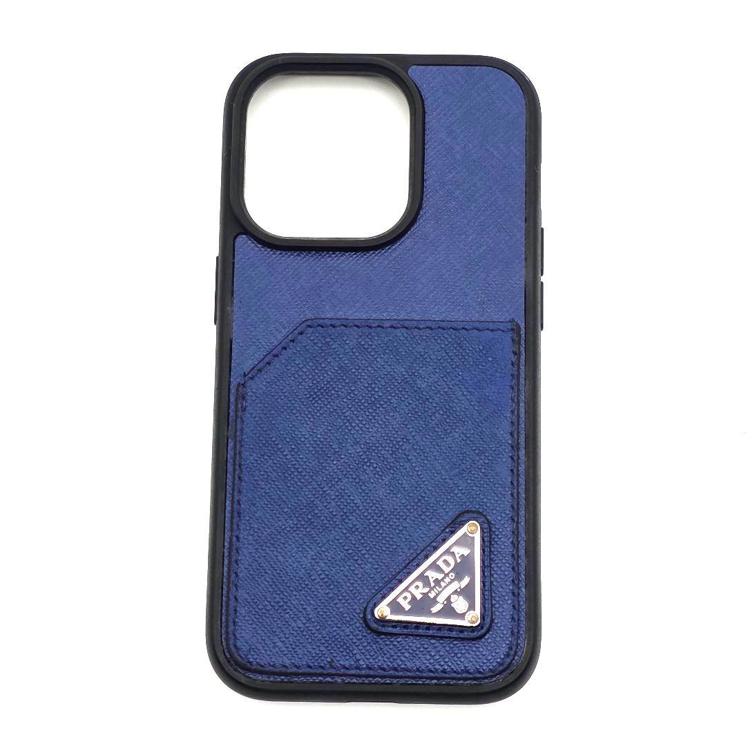 PRADA iphone14proケース サフィアーノレザー 三角ロゴ ブルー