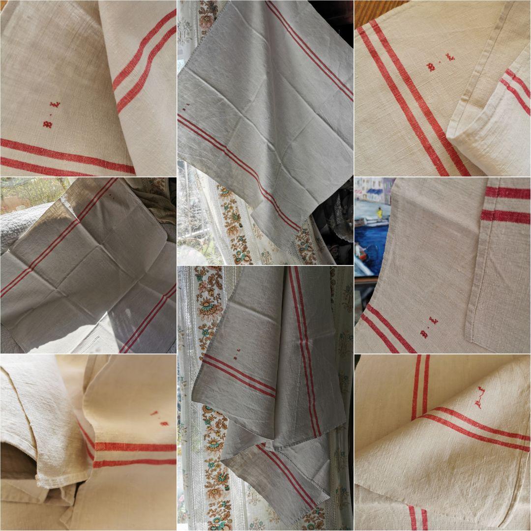 アンティークフランス ダブルレッドライン ホームスパンリネン大判クロス ＢＬ刺繍