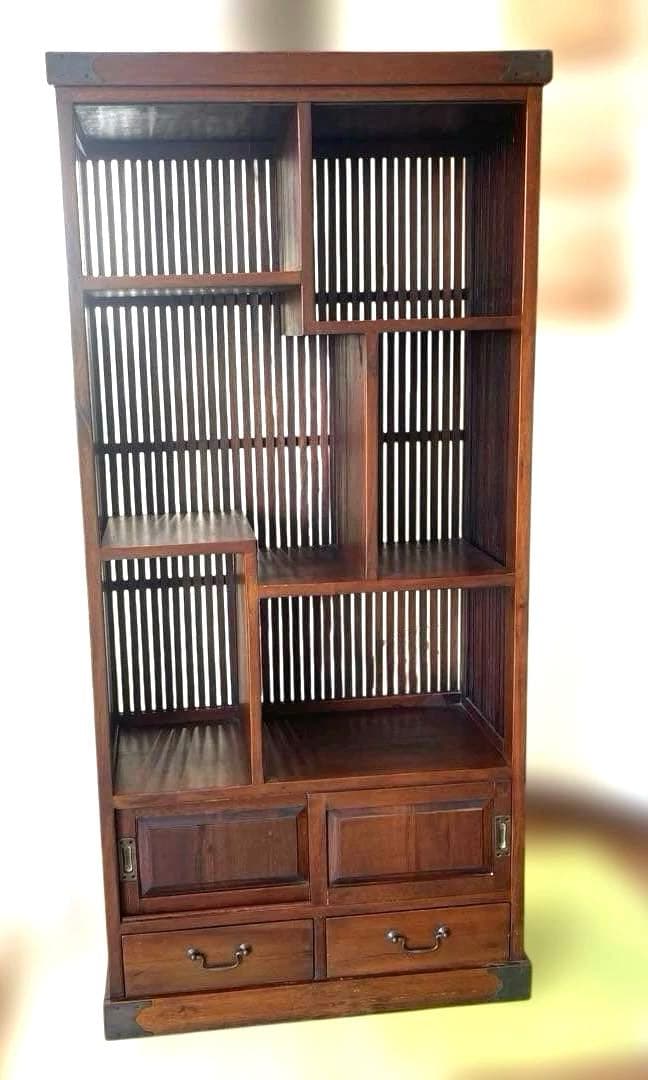 和風 アジアン 飾り棚 茶箪笥 アンティーク 古道具 キャビネット 格子デザイン