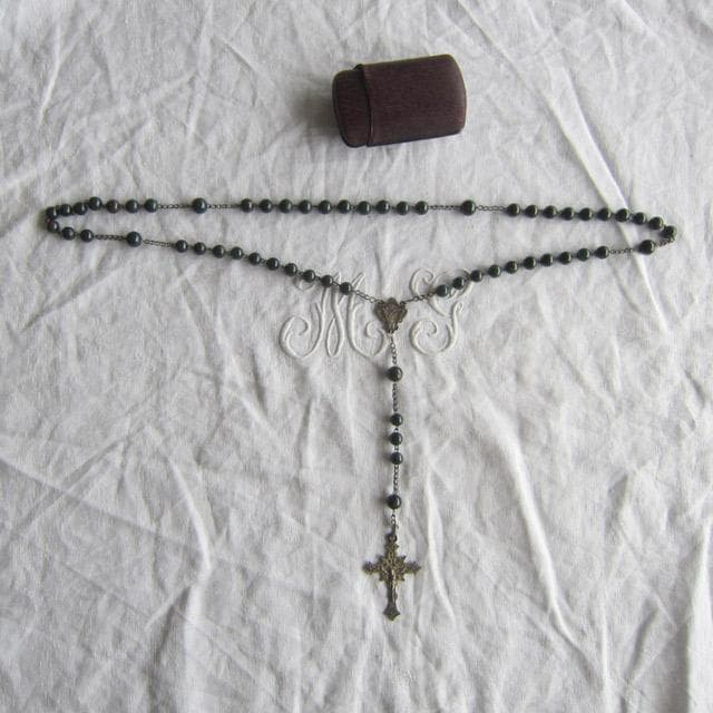 フランスアンティーク 純銀製 ロザリオ 透彫 革ケース付