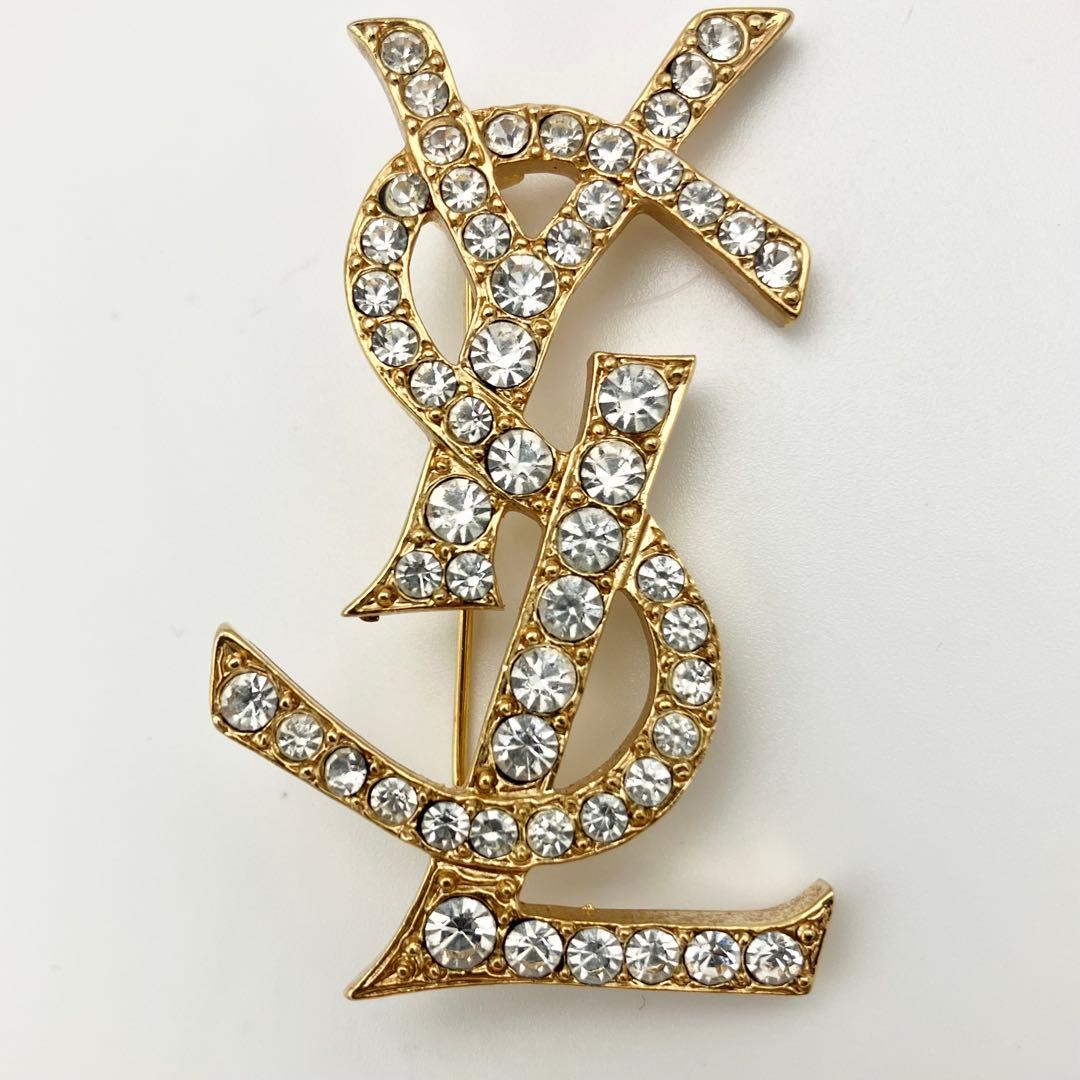 極美品 イヴサンローラン ブローチ カサンドラ YSL ロゴ ラインストーン