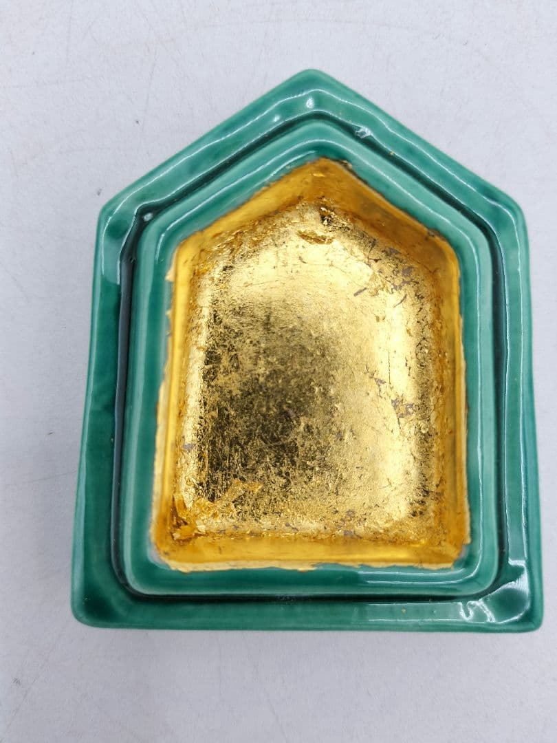 c867 【未使用】香合 左馬 青交趾 加藤利昇　木箱（合わせ）　茶道具