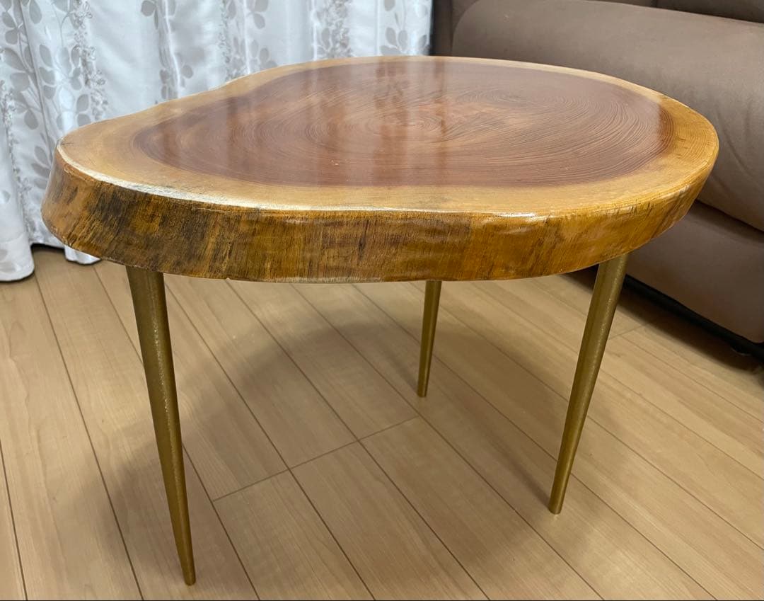 一枚板テーブル　幅53cm ゴールド色アイアン脚　サイドテーブル　無垢材