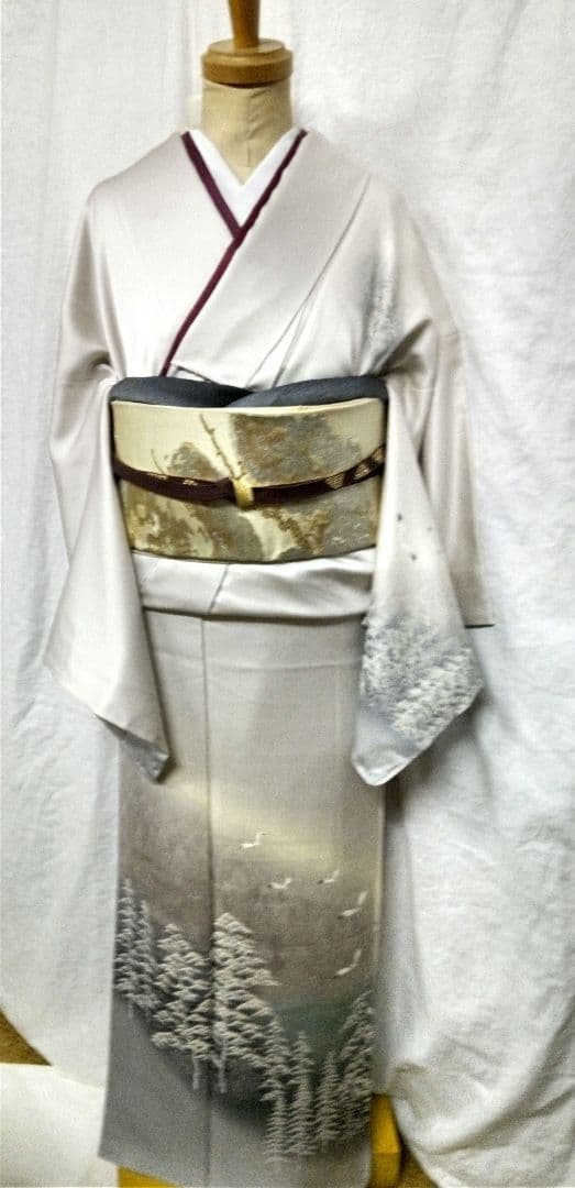 高級付け下げ、シルバー、山水柄、未使用