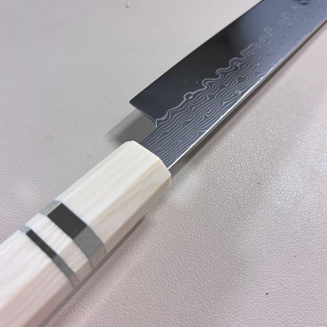 尺300mm 柳刃包丁 墨流しダマスカス　人工象牙八角柄 和包丁 白'ᘲ