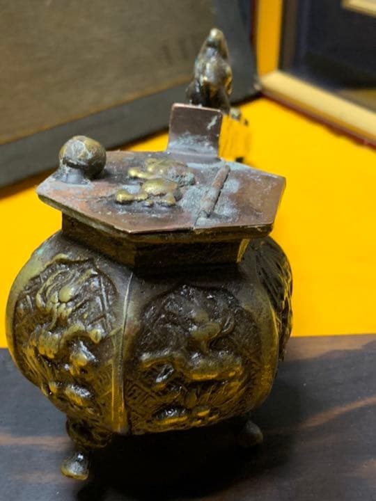 書道具　矢立やたて　蓋つき 古道具　文房具 美術品筆記用具お宝骨董　細密彫刻金工