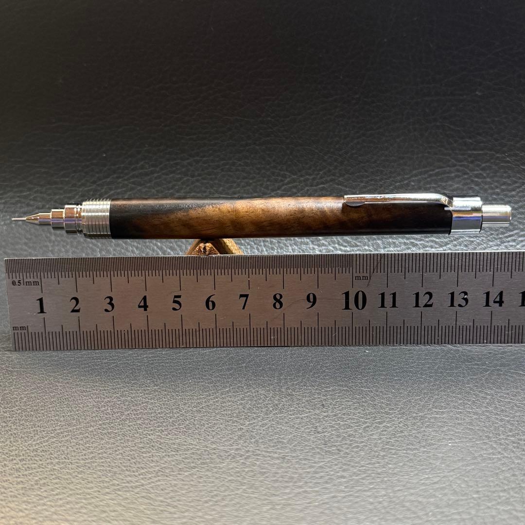 207黒柿縮杢　木製シャーペン　超低重心(溝付き) ステンレス