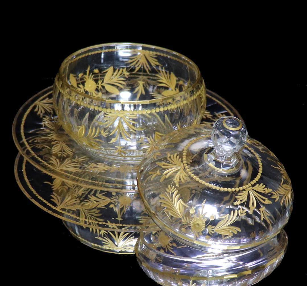 オールド・バカラ 最高級 1900年頃 金彩花柄 大型 蓋物&ソーサー 小物入れ