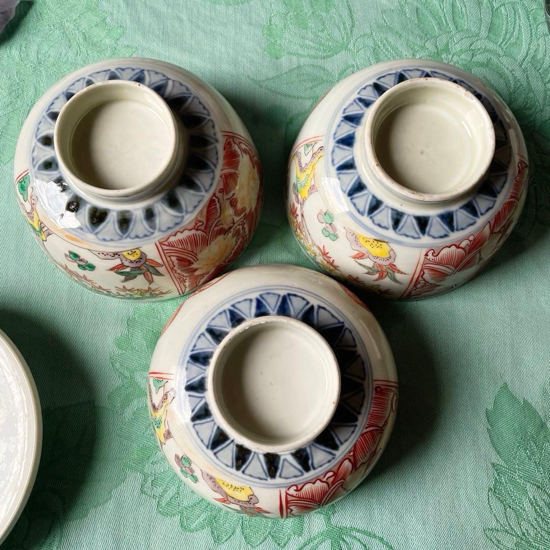 伊万里焼　色絵　金彩　染付　吉祥文様　蓋付き茶碗　3客