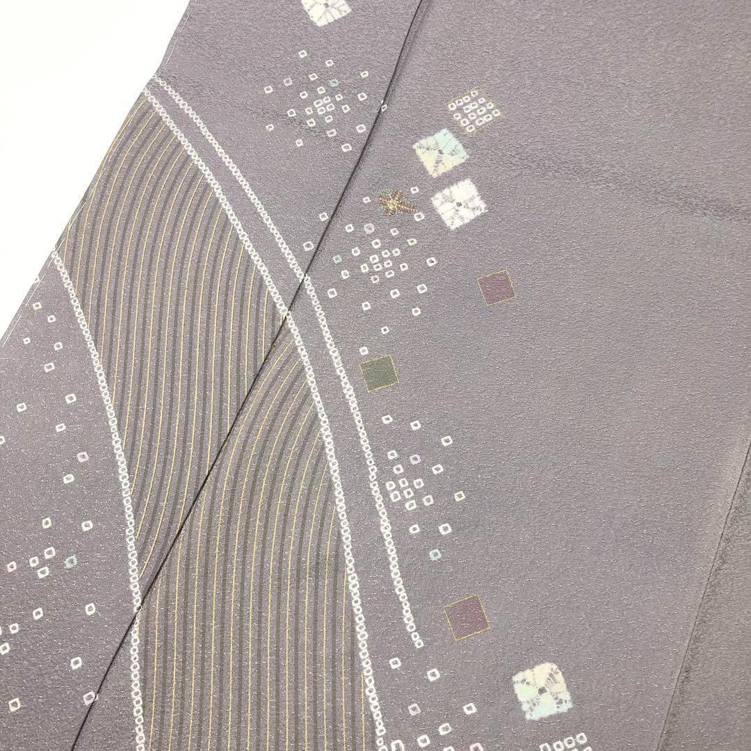 MK-1532 付下げ 絞り 刺繍 菱形 美しい曲線模様 紫鼠色 しつけ糸