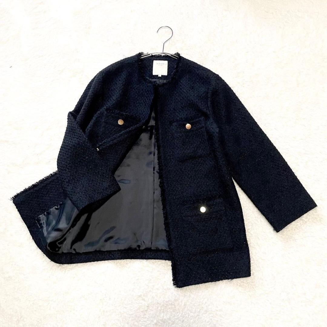 B:MING by BEAMS　ツイード M 黒 ノーカラ- フリンジ 金ボタン