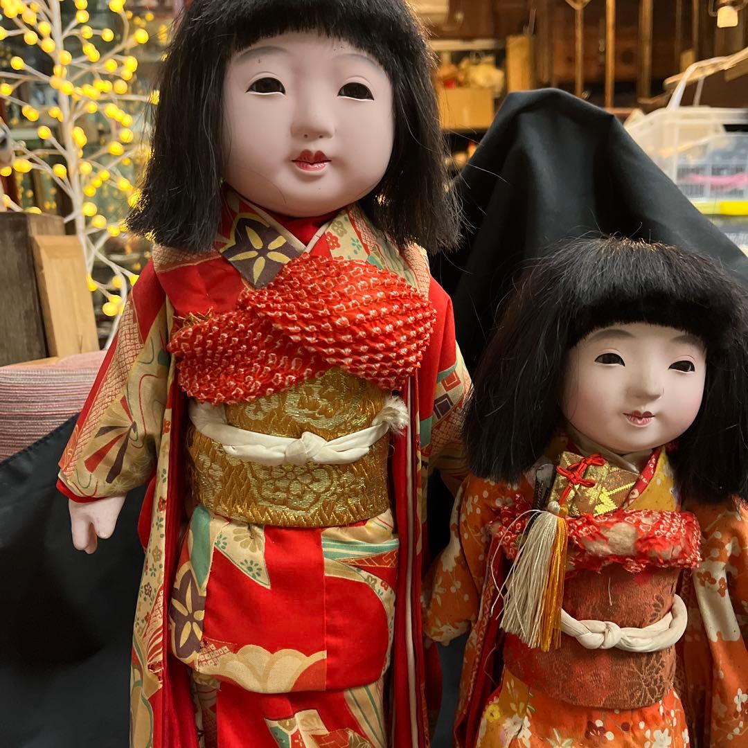 市松人形 黒髪 オレンジ着物 約30cm 2体