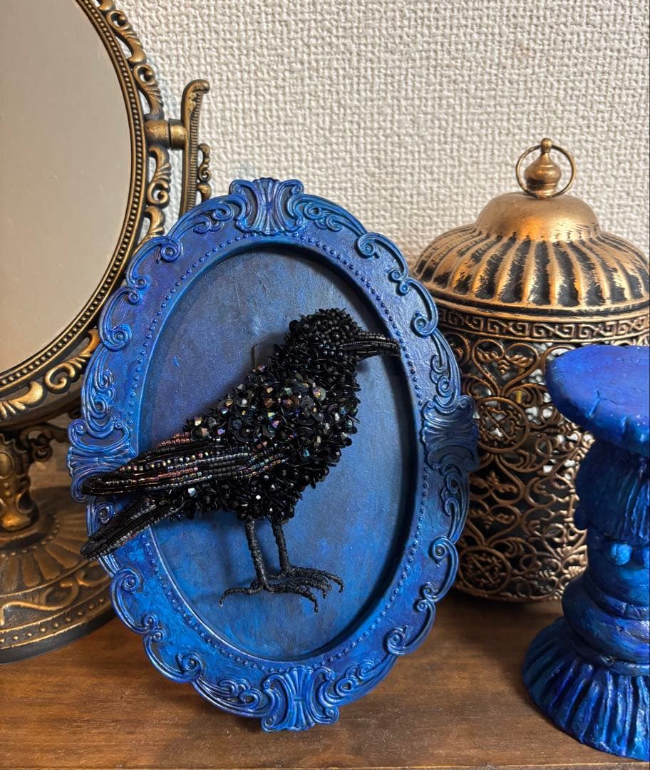 【ハシブトガラス】ビーズ刺繍ブローチバッグチャーム