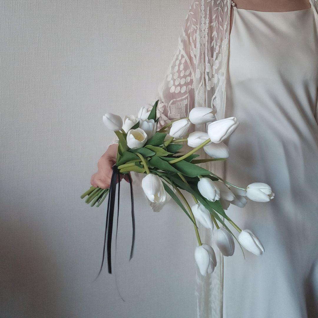 ホワイト　白　チューリップ　シャワーブーケ　ウェディングブーケ　造花