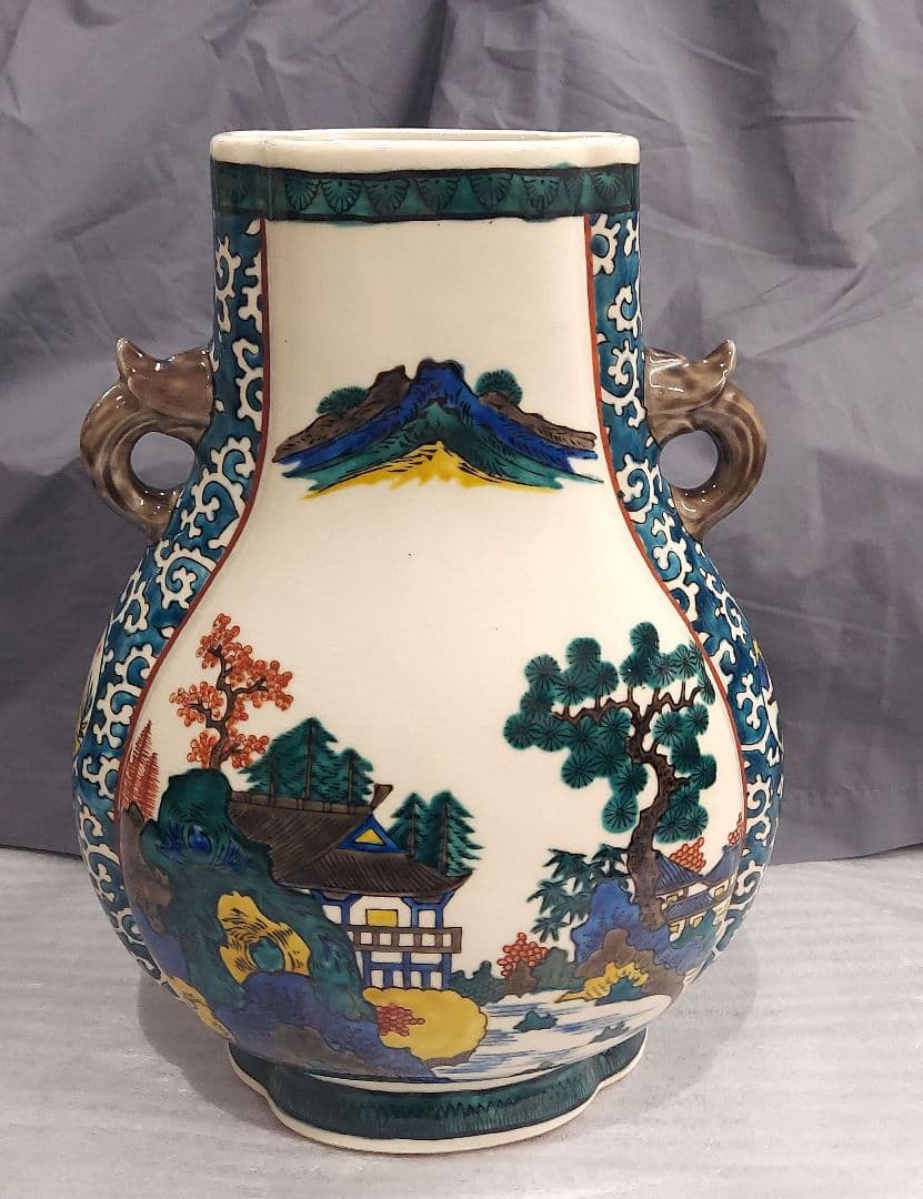 九谷焼　青手　角福　花器　花瓶　置物