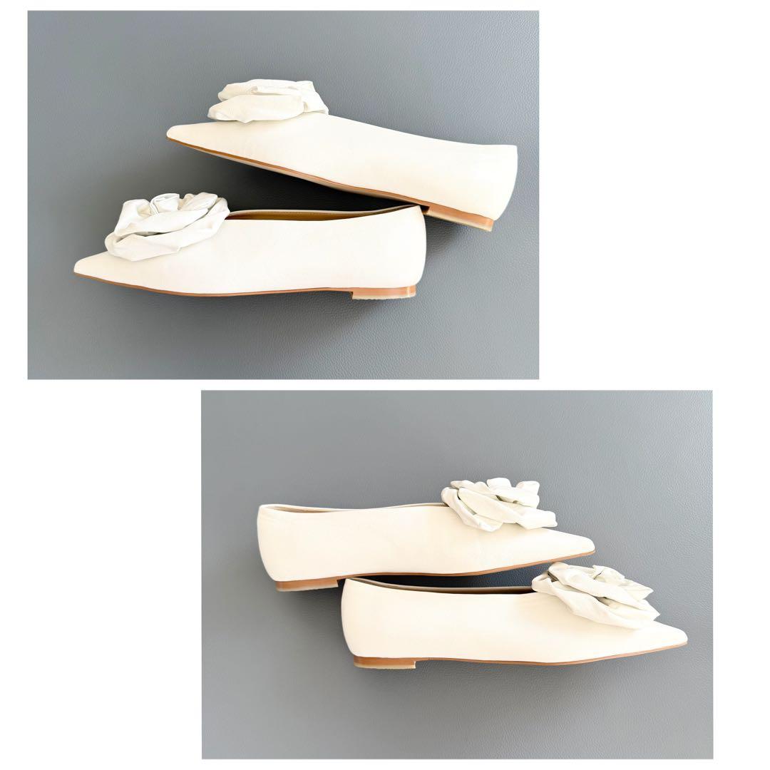 極美品 【キムヘキム】フラワーモチーフ レザー フラットシューズ ホワイト 37