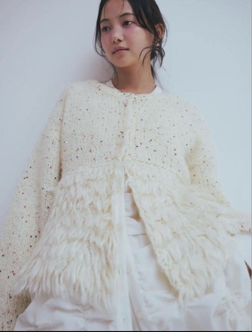 【Andequal】 fringe design gritter knit 白