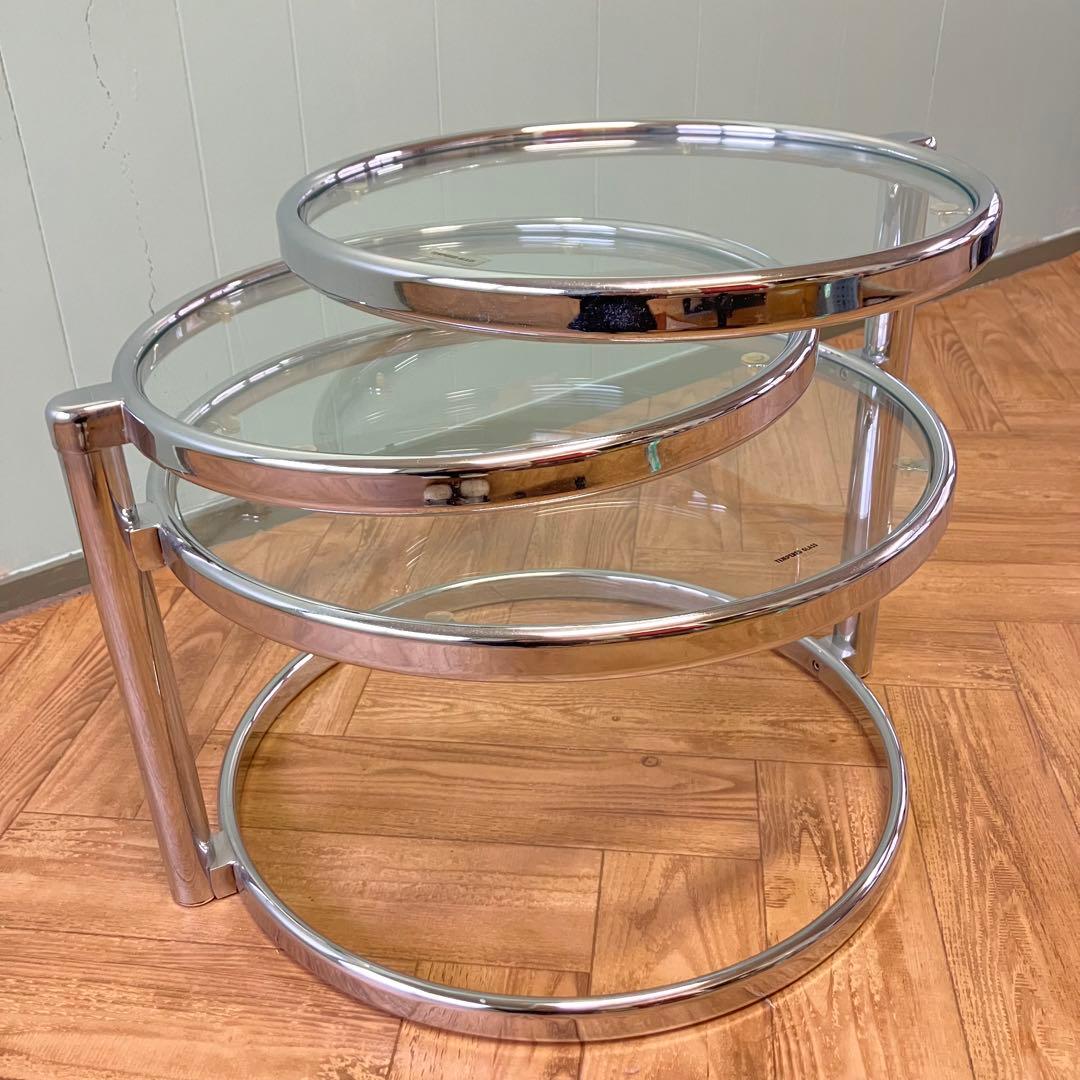 大人気❣️ミッドセンチュリー ラウンドテーブル　4段　強化ガラステーブル ✨