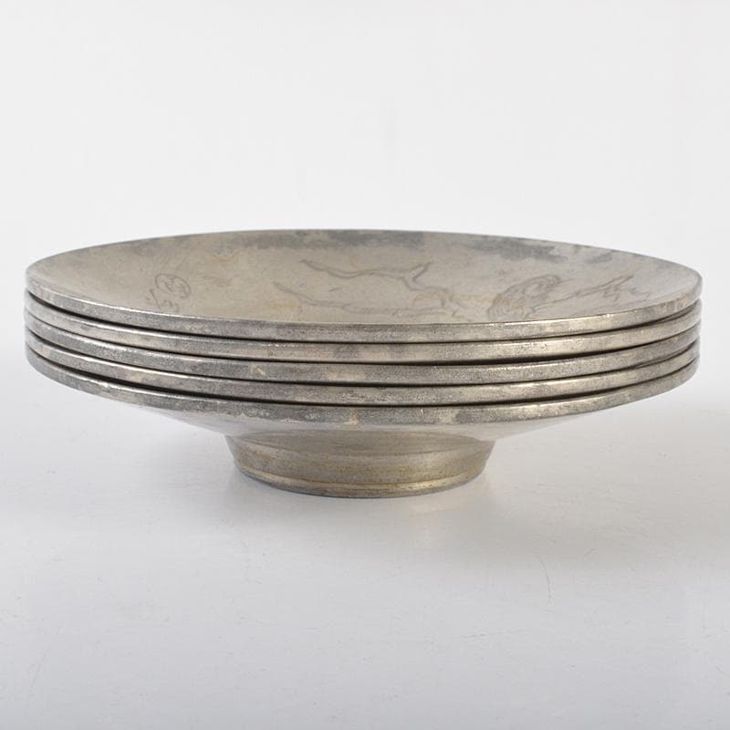 煎茶道具　古錫　彫金漢詩刻　絵変茶托　五客　D　R6539