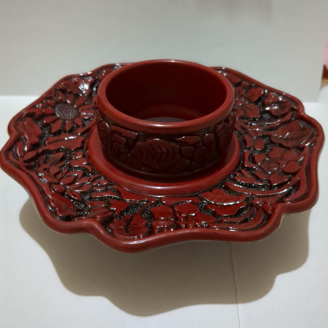 天目台　茶道　お茶の稽古 天目茶碗用　茶椀　えんじ色　彫り物