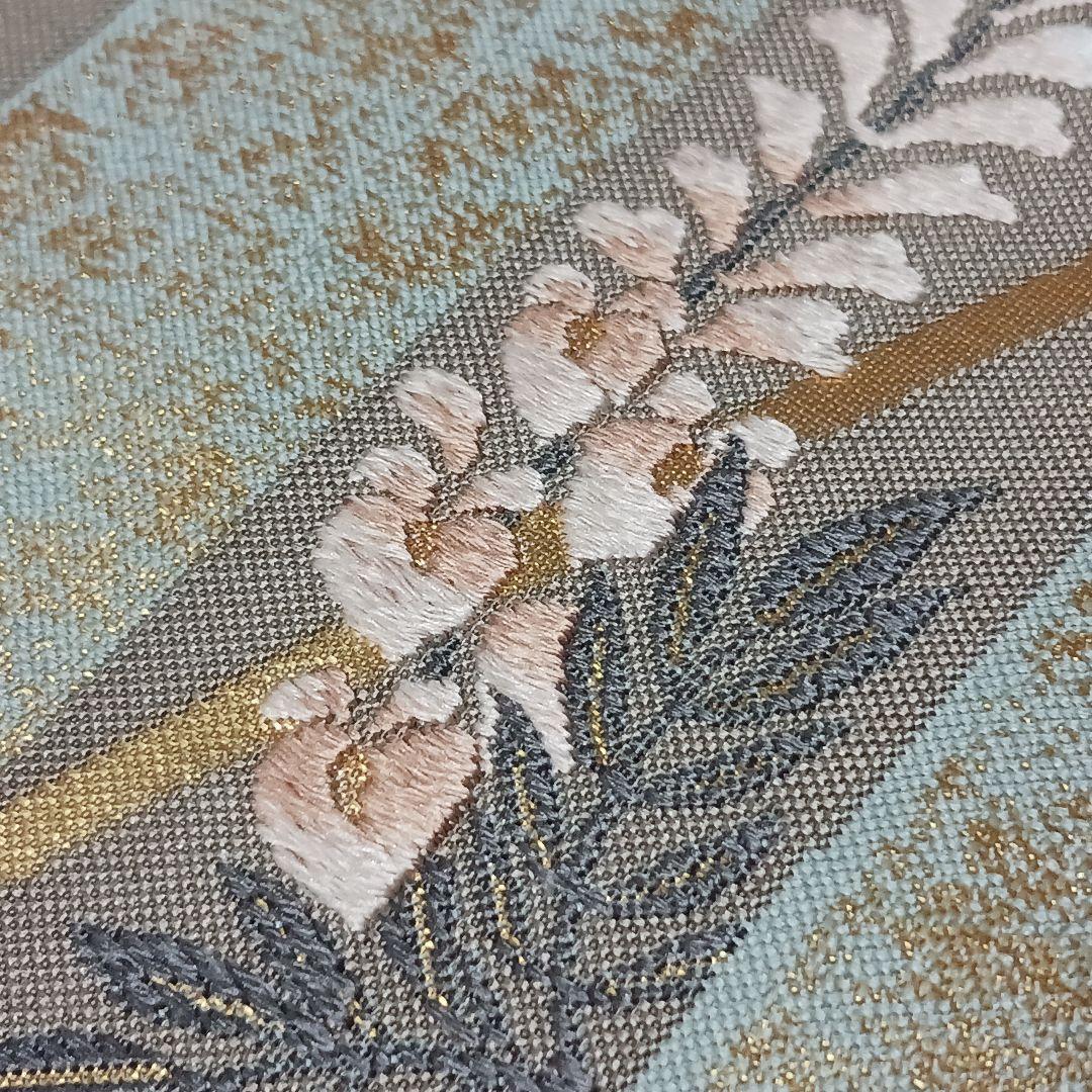 新品　礼装用袋帯　緑に金箔織　不死の“藤の花”　刺繍　金糸輝く優雅で美しい逸品