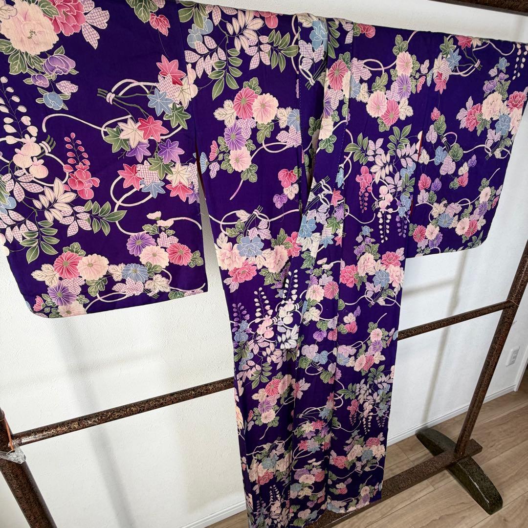 超美品　正絹　袷　着物　小紋　和装 140 綿紗　縮緬　アンティーク　紫　ピンク
