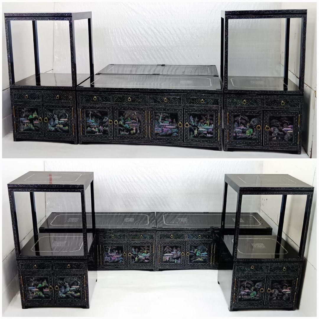 韓国民芸家具 高級 螺鈿細工 黒漆塗り 豪華収 サイドボード+飾り棚 4点セット