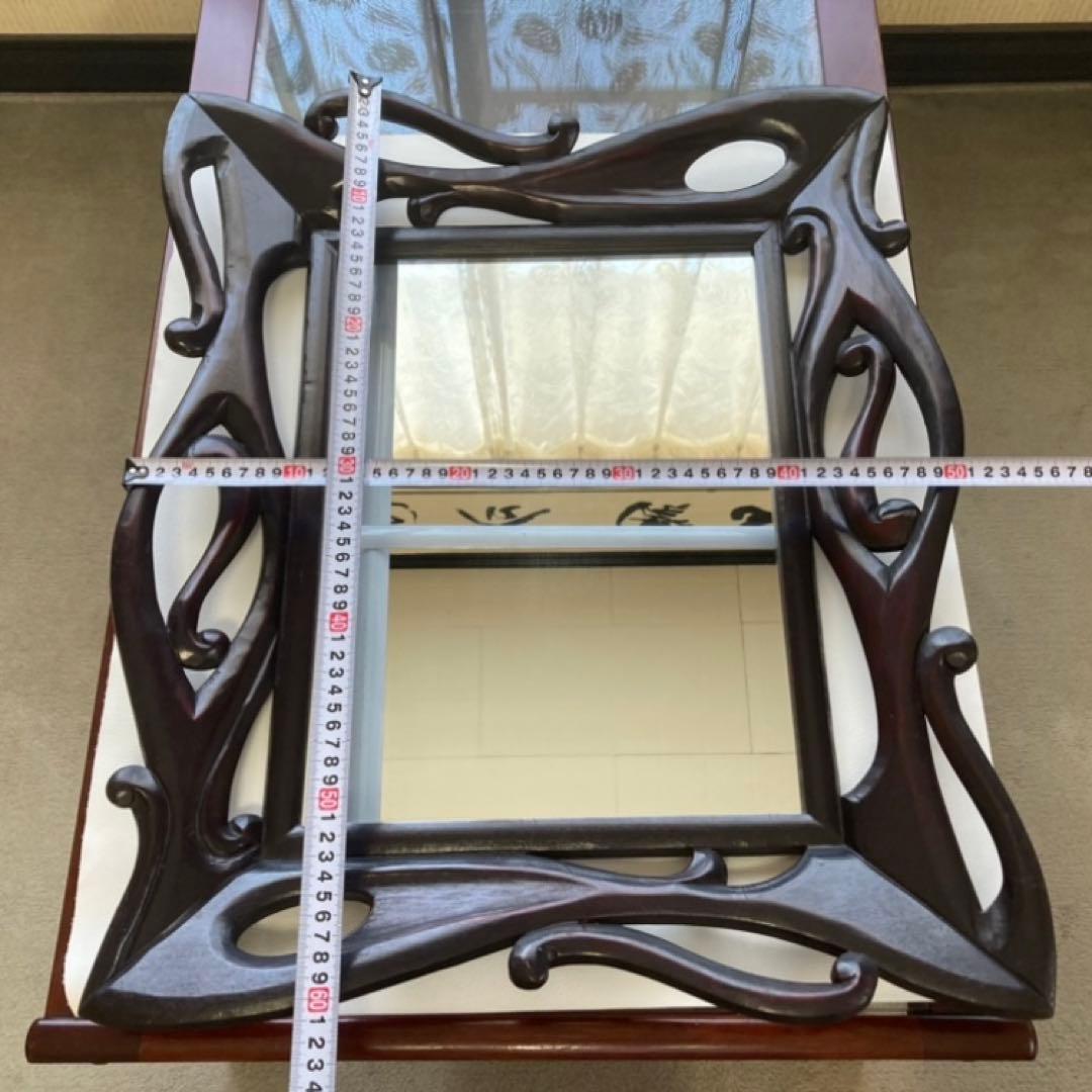 ウォールミラー 鏡 壁掛け 木製 木彫り 彫刻 ブラウン レトロ アンティーク