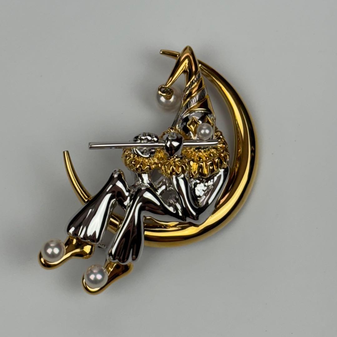 極美品✨ミキモト 本真珠 パール ブローチ ピエロ ムーン ゴールド×シルバー