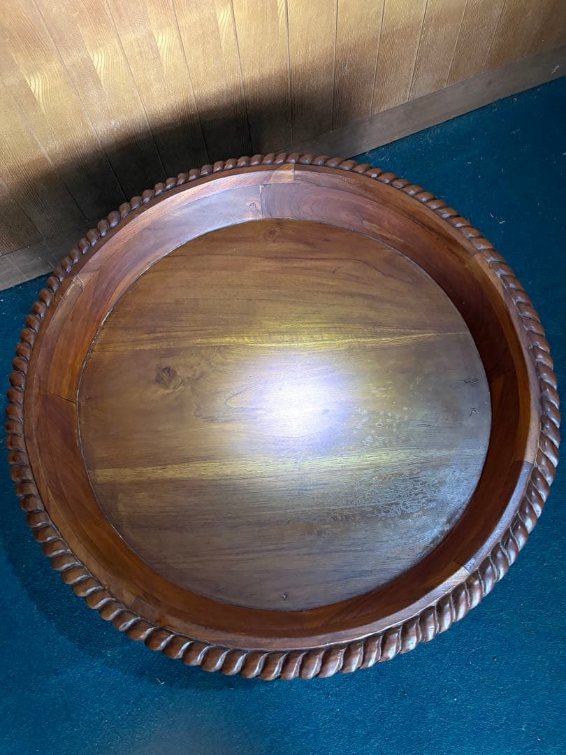 アンティーク　木製彫刻入り丸型座卓