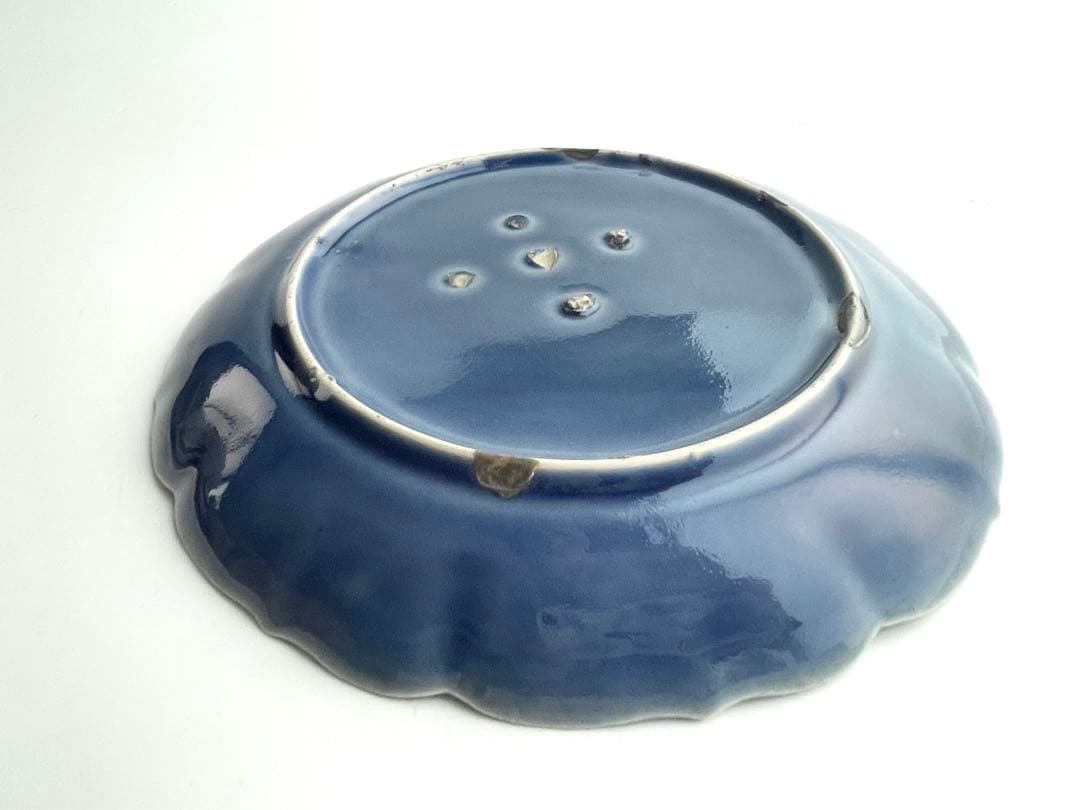 骨董　アンティーク　古伊万里　瑠璃　輪花皿　七寸皿　瑠璃釉　輪花縁