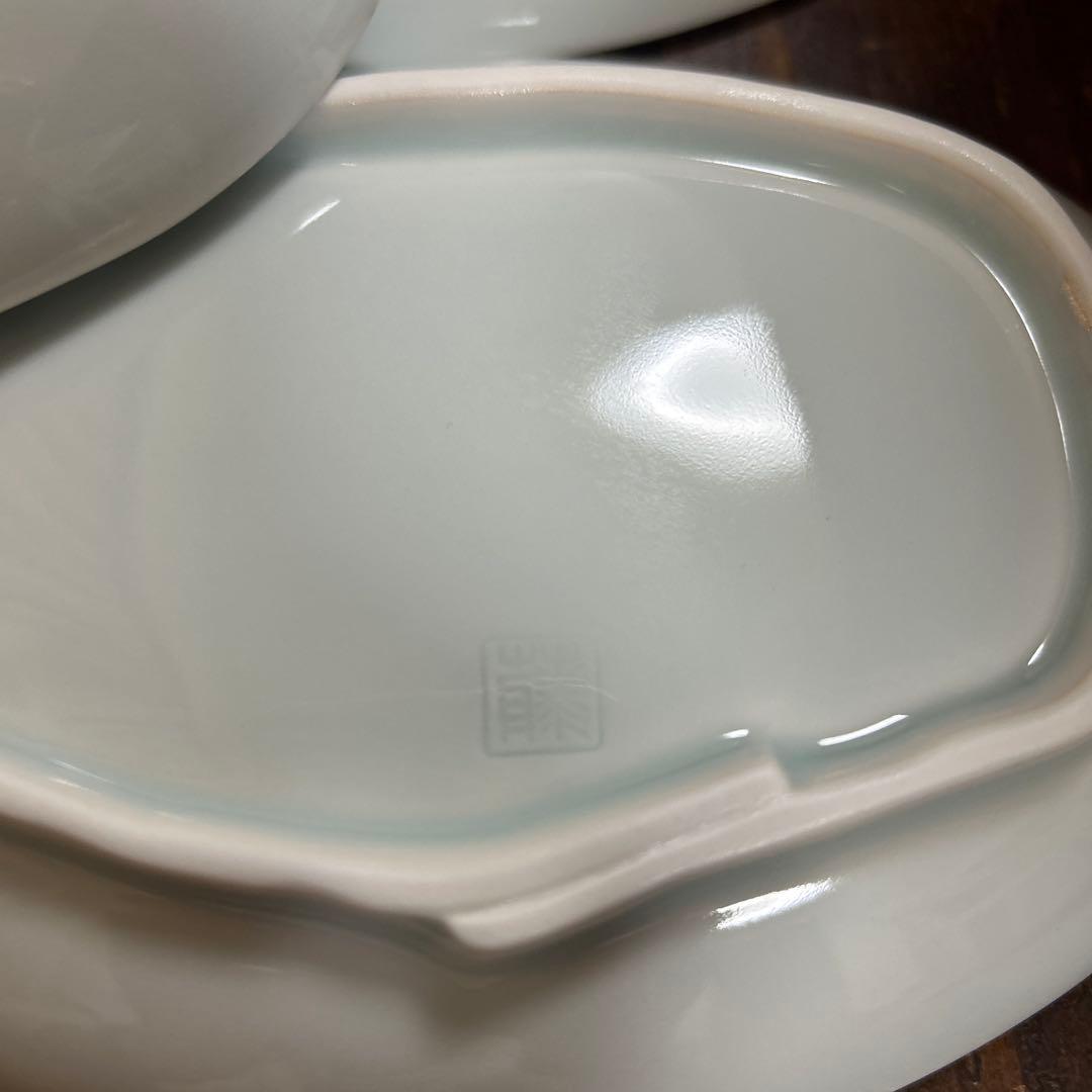 特選 有田焼 藤巻製陶　藤巻窯　青白磁　南天模様　平皿 5枚　 オーバル　料亭