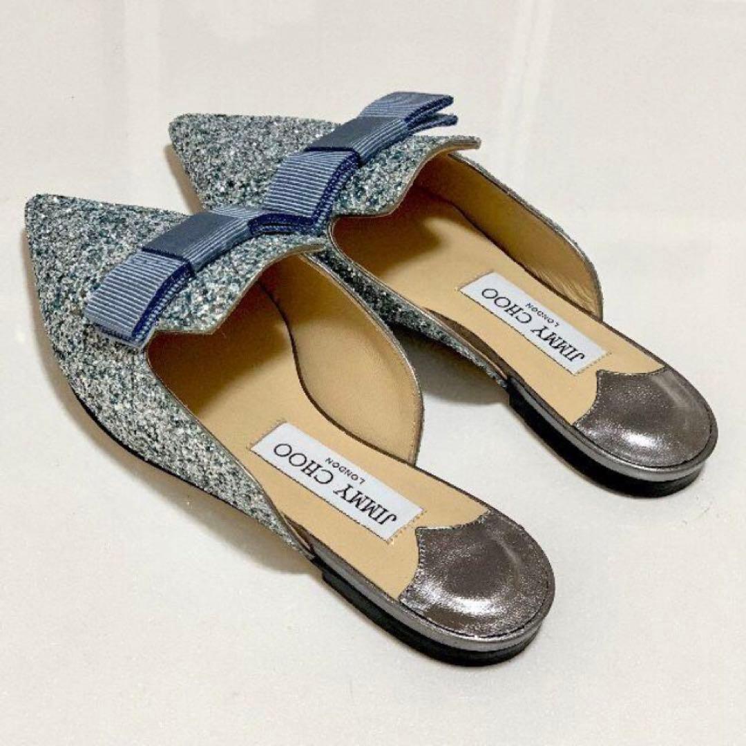 未使用 ジミーチュウ グリッター フラットシューズ ライトブルー