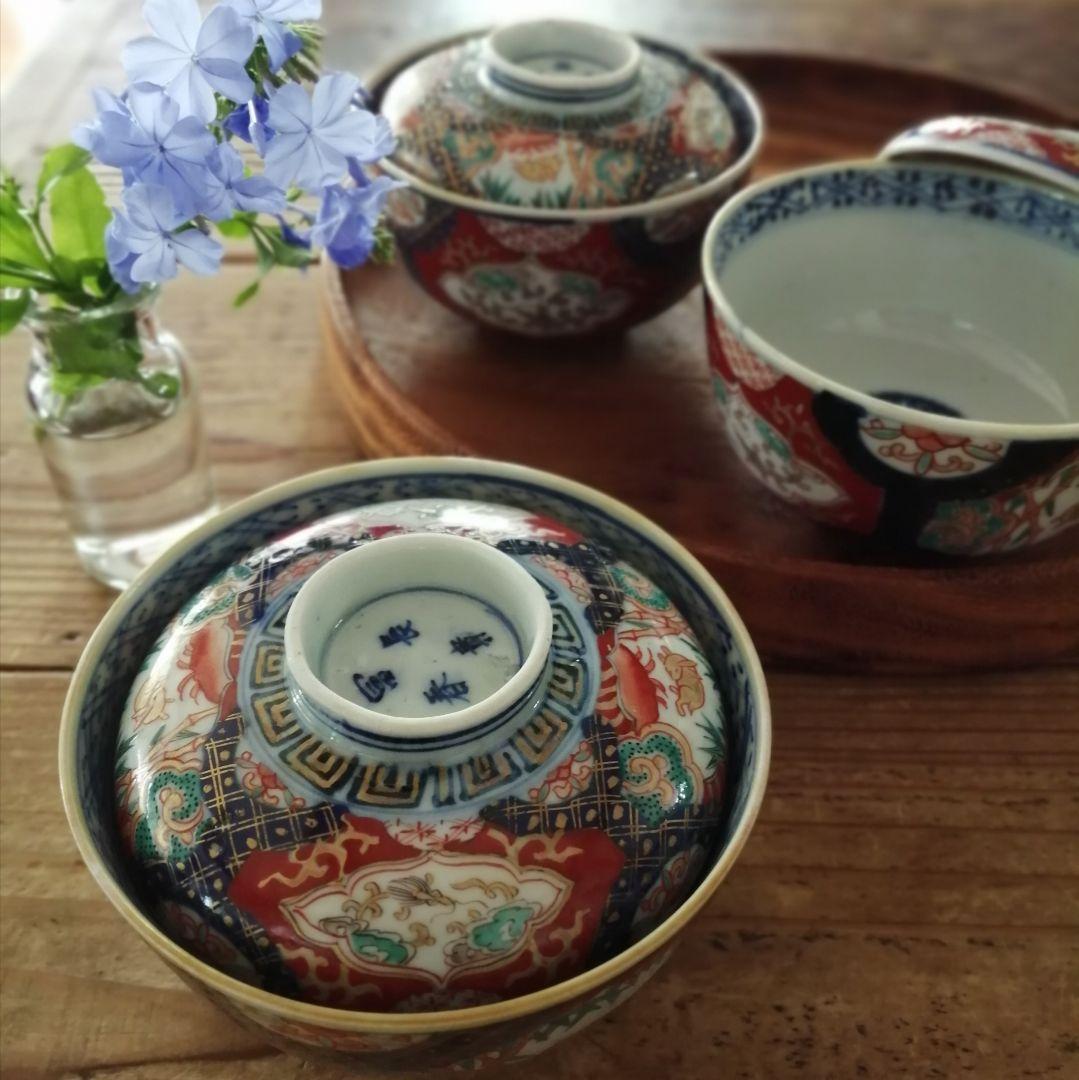 古伊万里　色絵　兎と龍　蓋茶碗　3客