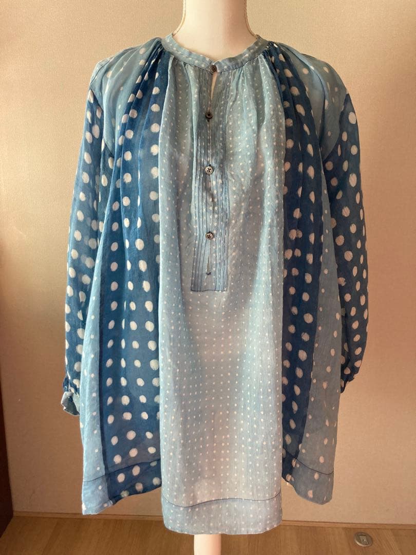 ◉45R シルク混インディゴドット柄パッチワークチュニックブラウス◉