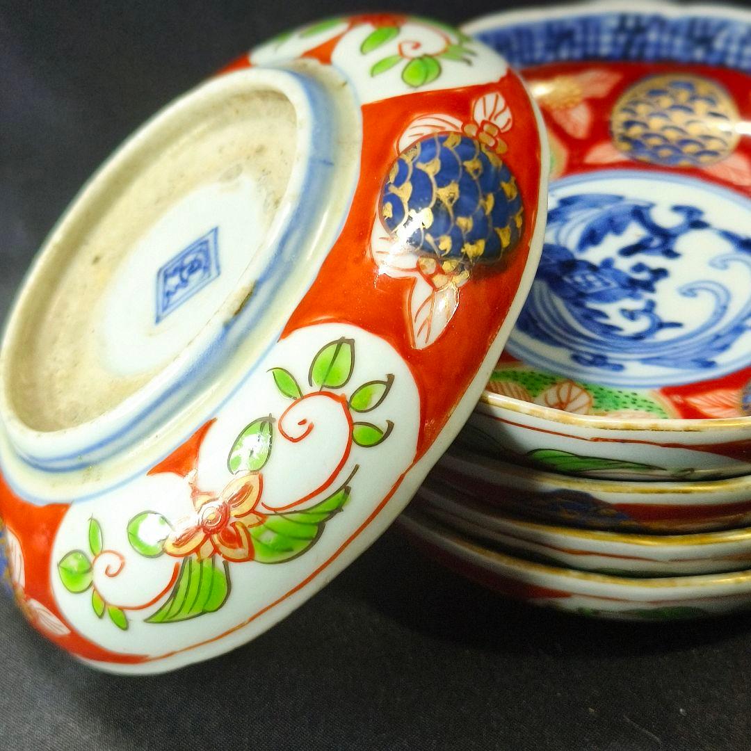 古伊万里 色絵金彩小皿5枚 角福 幕末骨董 手描き 時代物 コレクター放出美品