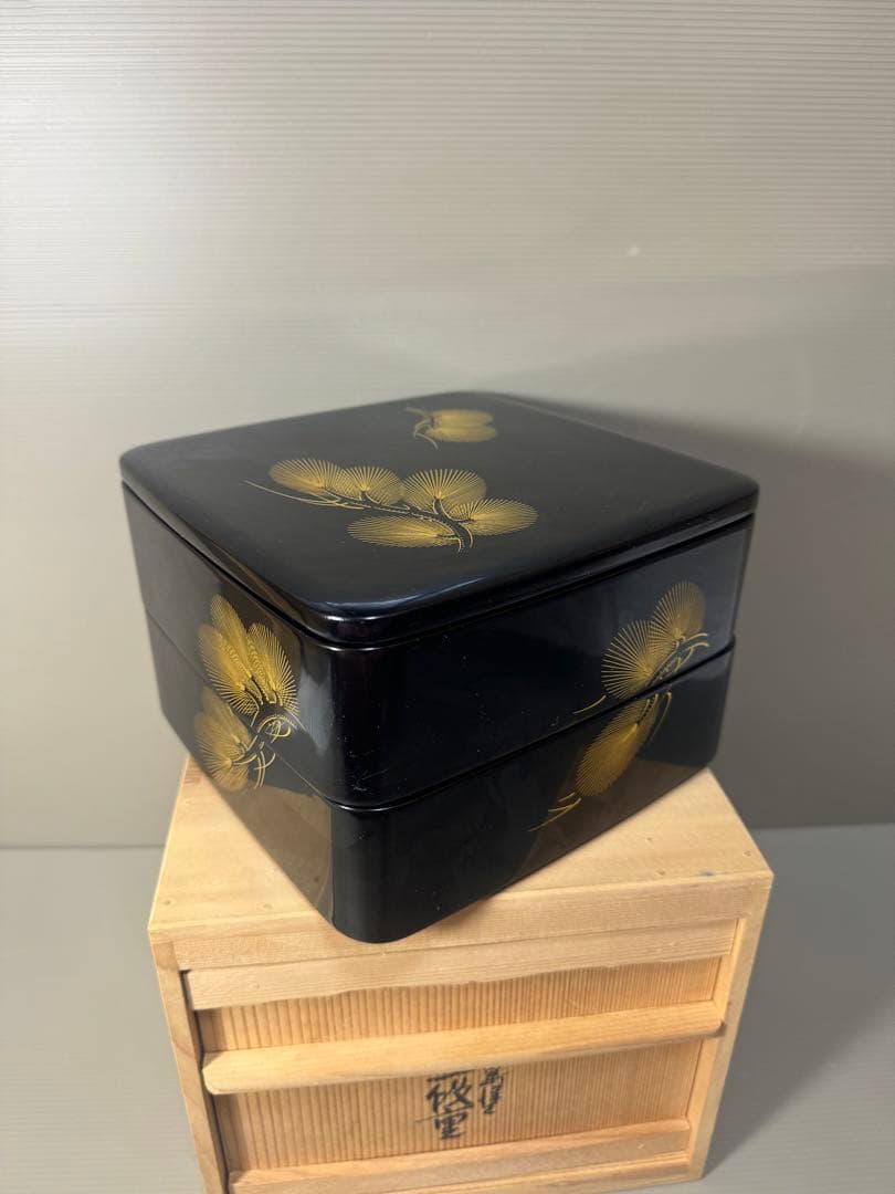 2177  古美術 輪島塗 寿光堂造　沈金蒔絵 二段重 重箱 共箱 時代物